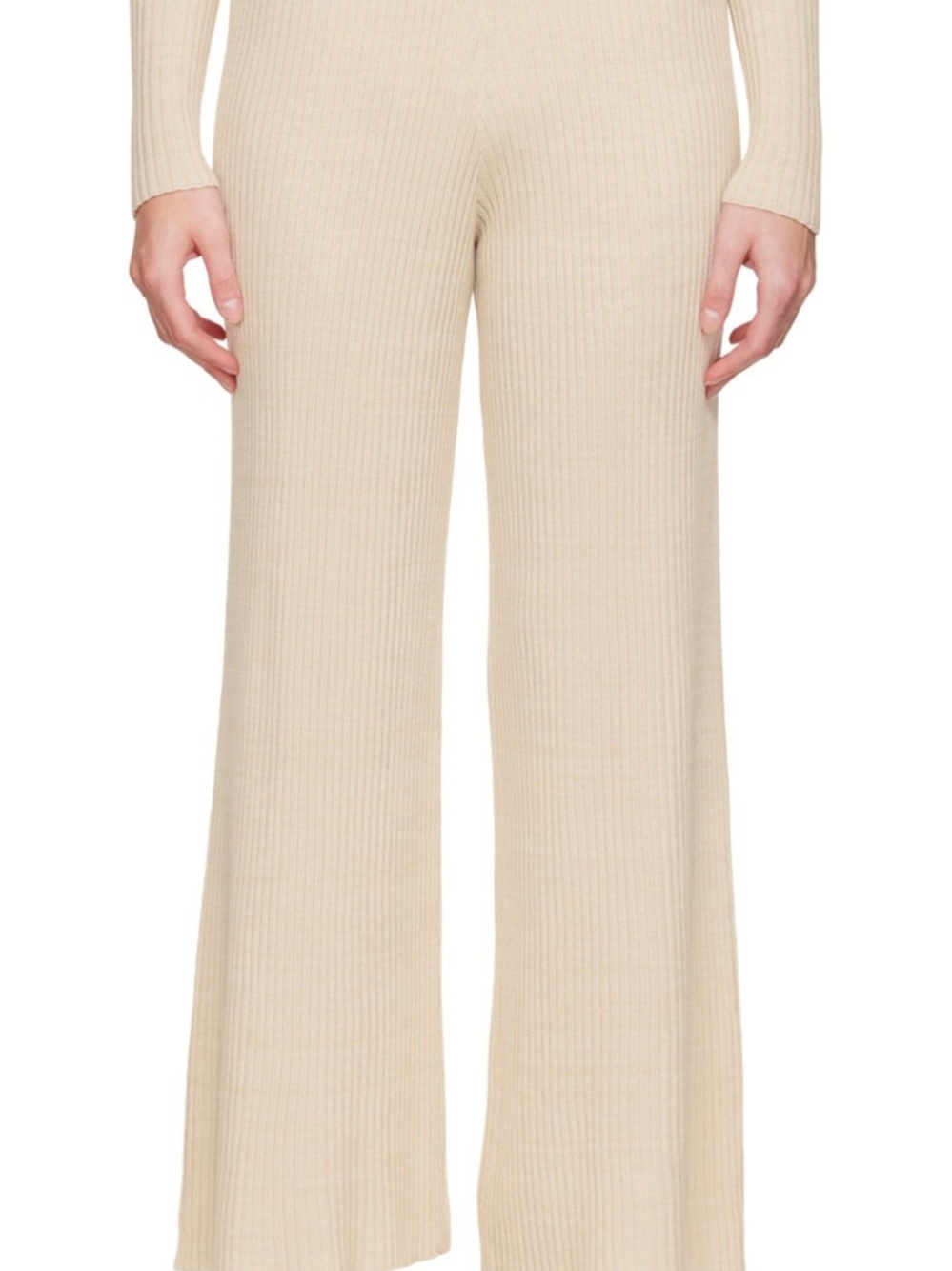 Rib-Knit Wide Leg Pants in Beige